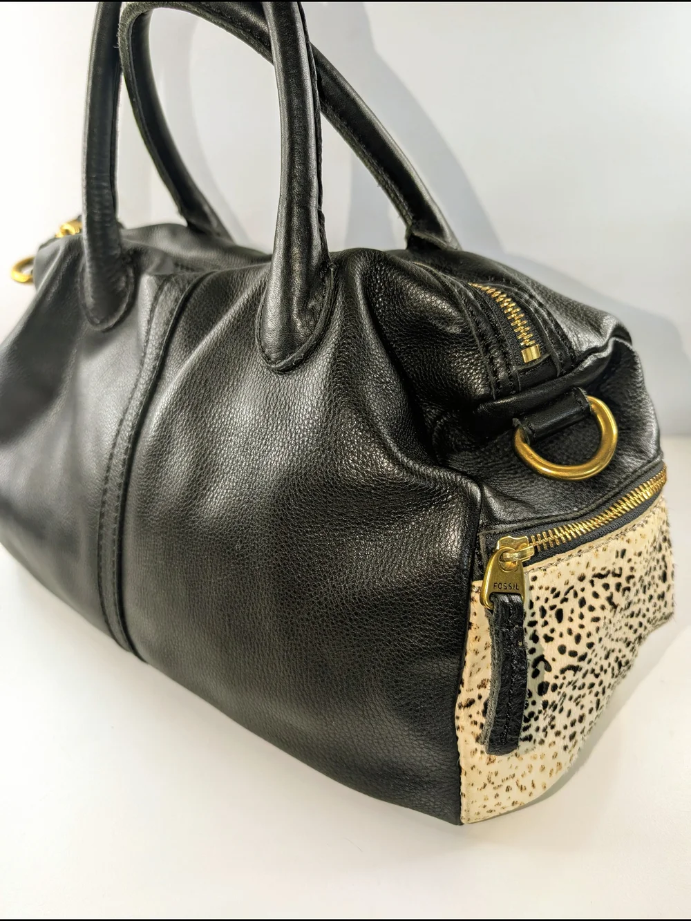 Fossil Black Leather Erin Satchel Spotted Calf Hair Accent Sides